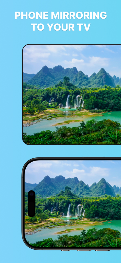 Screen Mirroring TV Cast+ - iPhone screen mirroring to a television showing a scenic waterfall
