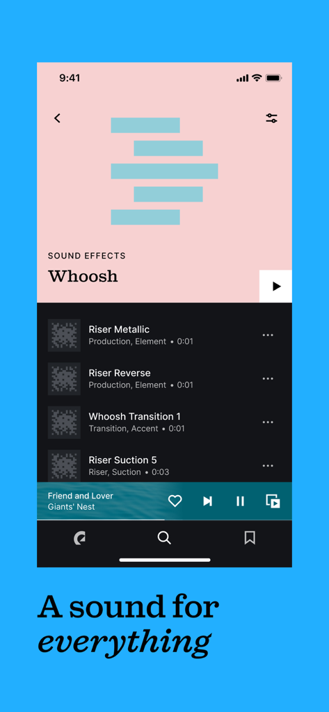 Mobile app interface of Epidemic Sound showing a list of whoosh and riser sound effects for video creators