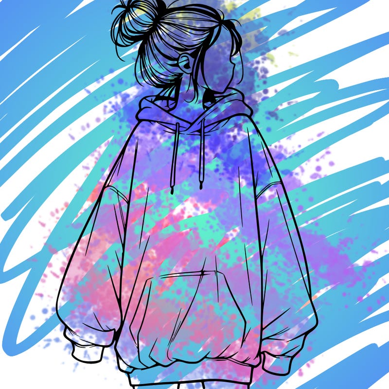 realistic girl with a oversized sweatshirt on and a bun
