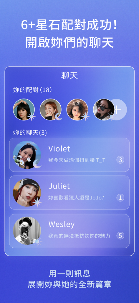 The chat and matching screen of the WonderLand Eternal dating app for women