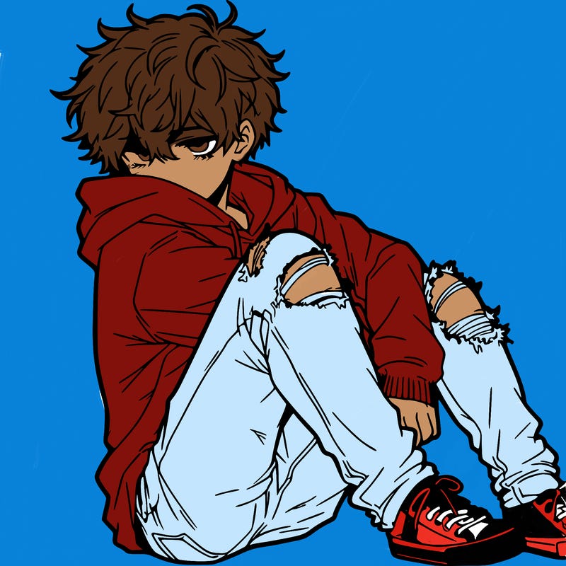 a male hoddie ripped jeans messy hair anime