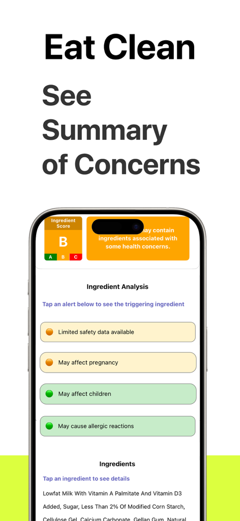 Yucca App Food Scanner - Pantalla de la aplicación Yucca mostrando la puntuación de ingredientes alimentarios y el análisis de preocupaciones de salud