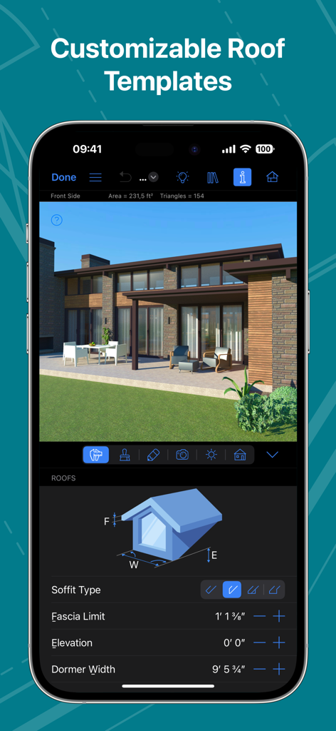 Live Home 3D Pro: House Design - Interface of Live Home 3D Pro showing customizable roof templates and architectural settings on an iPhone.