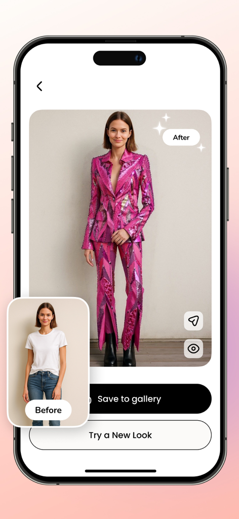A mobile app interface showing a before and after virtual fashion transformation from a white t-shirt to a pink patterned suit using AI