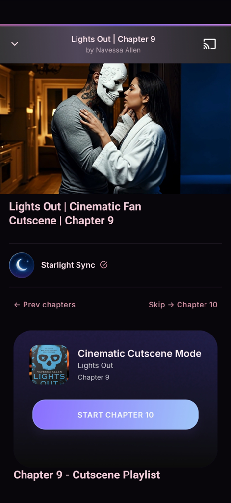 Ambient Books: Video Novels - Ambient Books app interface showing a cinematic fan cutscene for a romance novel chapter
