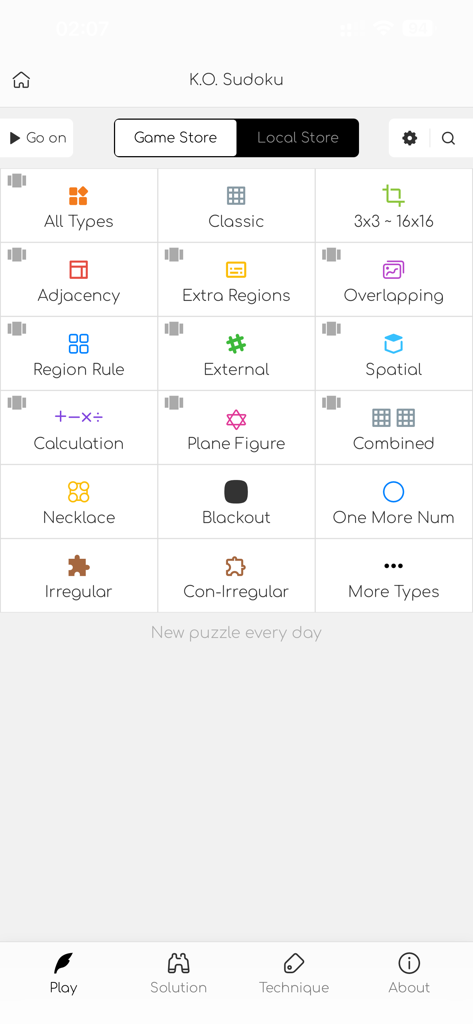 K.O. Sudoku Pro - The game store menu in KO Sudoku Pro showing various logic puzzle categories like Classic Irregular and Overlapping Sudoku
