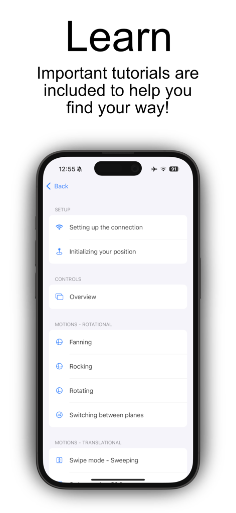 Scanbooster Control sonography - Smartphone screen showing a menu of ultrasound tutorials for rotational and translational probe movements