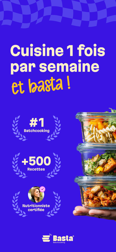 Basta Batchcooking promotional screen showing meal prep containers and key features like five hundred recipes and certified nutritionist certification