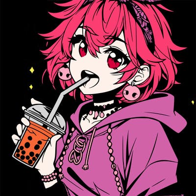 hot baddie anime girl drinking boba and biting the straw