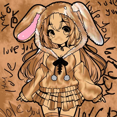 pretty anime girl wearing a fluffy hoodie with bunny ears on the hood and a skirt