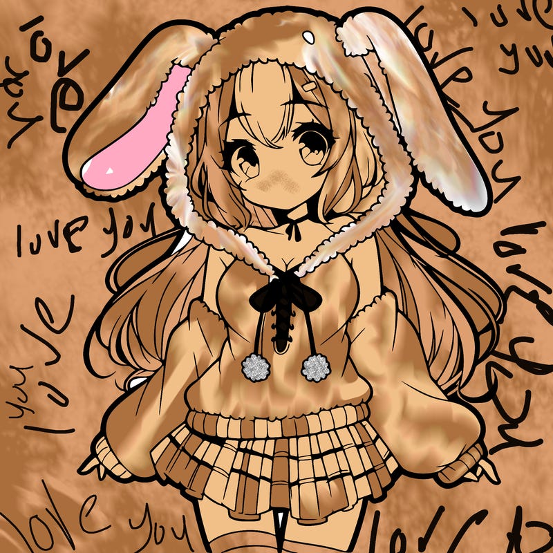 pretty anime girl wearing a fluffy hoodie with bunny ears on the hood and a skirt