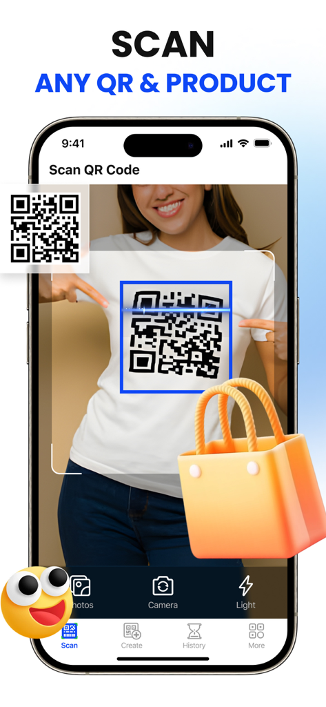 QR Scanner & AI Card - Pantalla de un smartphone que muestra la aplicación Escáner QR escaneando un código QR en una camiseta.