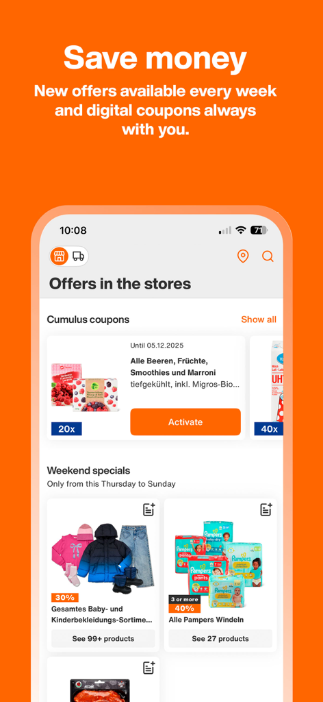 Screenshot of the Migros app showing weekly store offers and digital Cumulus coupons for savings on groceries and household items.
