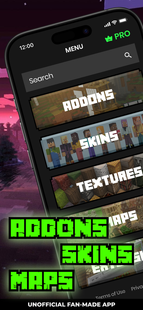 MCPE AddOns, Maps & Skins Pack - Menú de la aplicación móvil para MCPE AddOns, Mapas y Paquetes de Skins que muestra categorías para modificaciones del juego