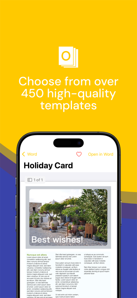Un modèle professionnel de carte de Noël Microsoft Word affiché sur l'écran d'un iPhone dans l'application.