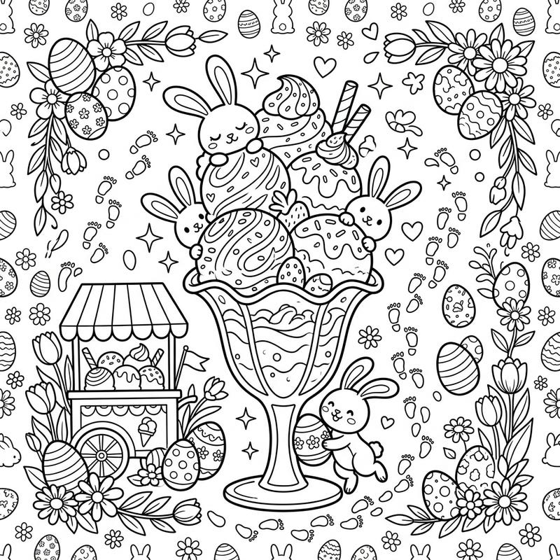 Dive into a deliciously fun Easter with this delightful coloring page featuring an overflowing sundae of ice cream scoops. Adorned with playful bunnies and festive eggs, it's the perfect treat for your holiday coloring adventures.
