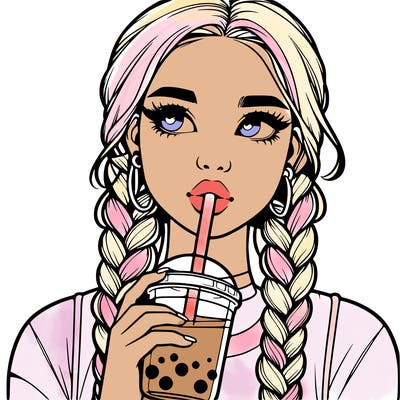 realistic girl with braided hair drinking boba