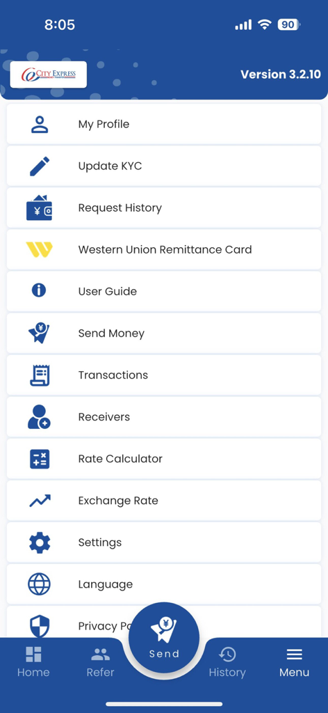 Main menu of City Express Japan app for international money transfers