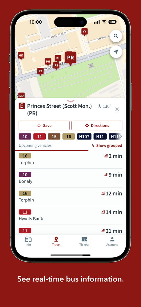 Información de llegada de autobuses en tiempo real y mapa en la aplicación Edinburgh Bus and Tram