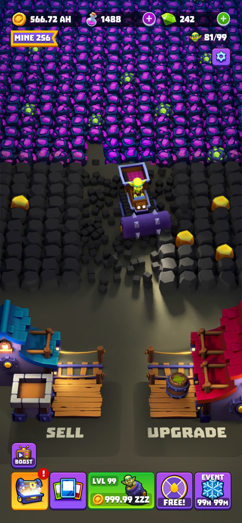 Gold and Goblins - Idle Games - Gameplay screenshot of a goblin using a spiked machine to mine gold blocks