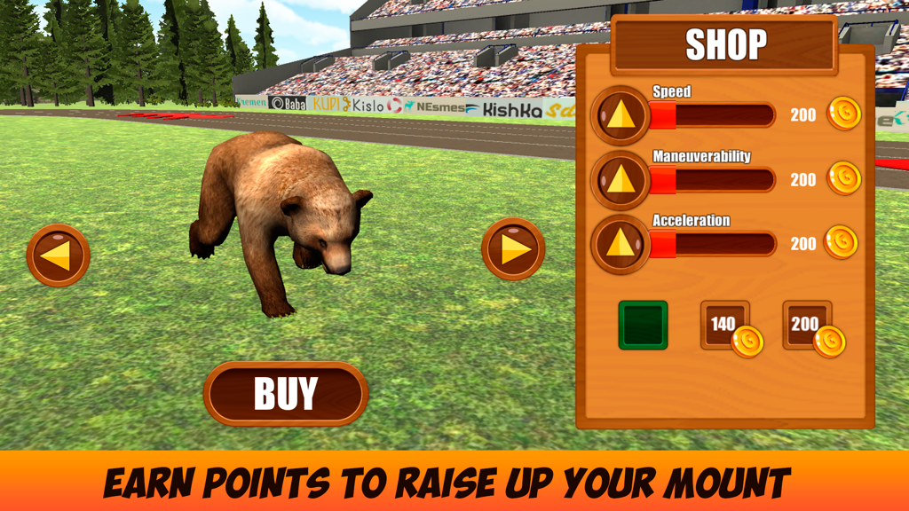 Wild Animal Racing Challenge 3D - A brown bear in a racing stadium with an in-game shop menu showing speed and acceleration upgrade options.