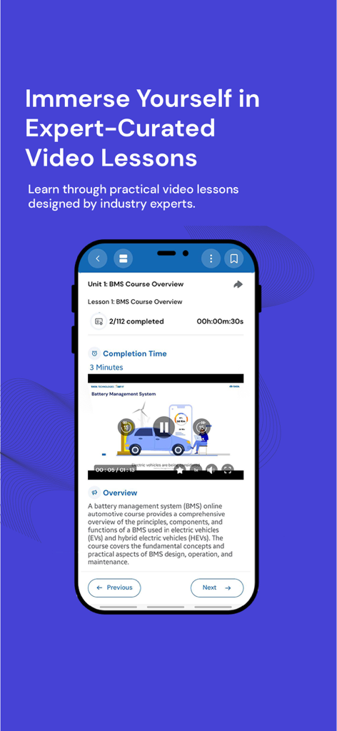 iGETIT - Upskilling Engineers - iPhone screen showing an iGETIT video lesson on Battery Management Systems for engineers.