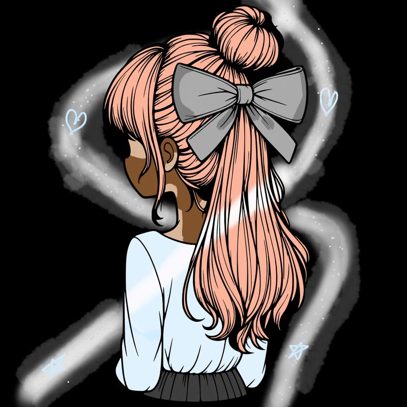 realistic girl  with hip length hair a bun and a big bow on the back of head