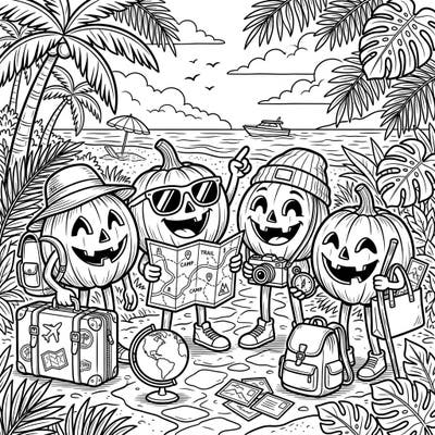 Get ready for a tropical getaway with this adorable coloring page featuring a group of happy pumpkins on vacation. They're all set for an adventure with their travel gear, ready for you to bring their journey to life with color.