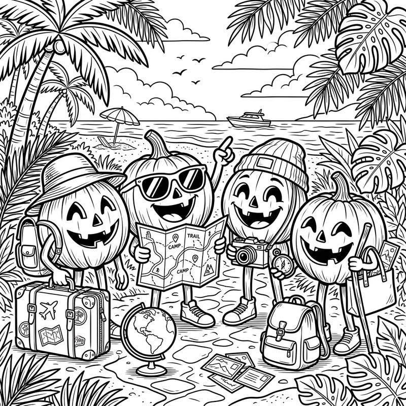 Get ready for a tropical getaway with this adorable coloring page featuring a group of happy pumpkins on vacation. They're all set for an adventure with their travel gear, ready for you to bring their journey to life with color.
