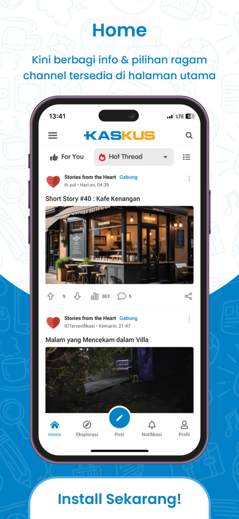 KASKUS Forum: Hobi & Komunitas - Home screen of KASKUS forum mobile app showing trending community threads and social feed.