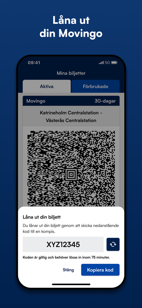 Mälardalstrafik - Malardalstrafik mobile app interface showing a Movingo 30 day ticket QR code and a popup window for sharing the ticket with a friend using a unique code