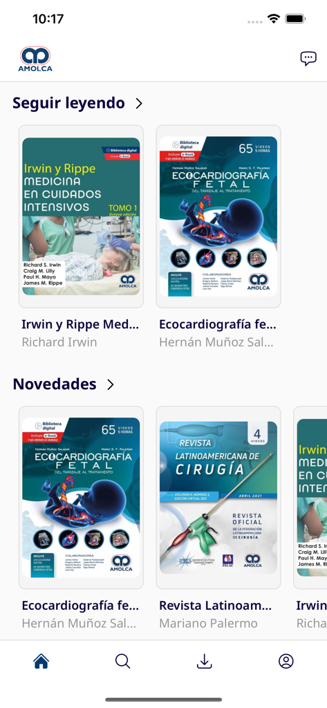 Amolca: Tu Biblioteca Digital - Interfaz de la aplicación Amolca de biblioteca médica mostrando libros de texto médicos y revistas quirúrgicas