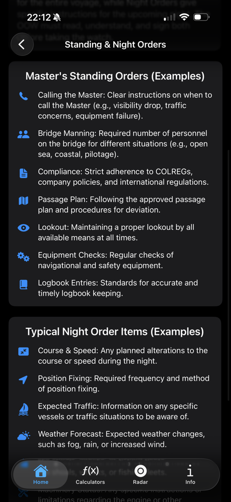 Maritime Master OOW app screen displaying Master's Standing Orders and typical Night Order items for deck officers.