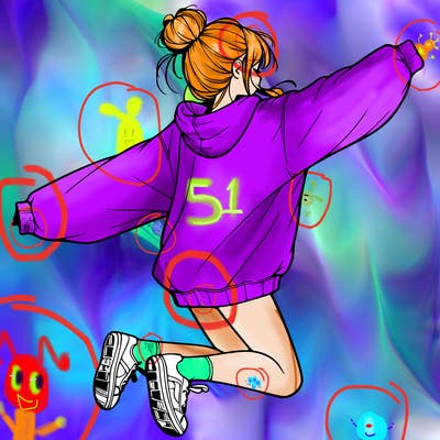 realistic girl jumping with a bun and oversized sweatshirt