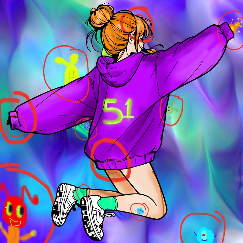 realistic girl jumping with a bun and oversized sweatshirt