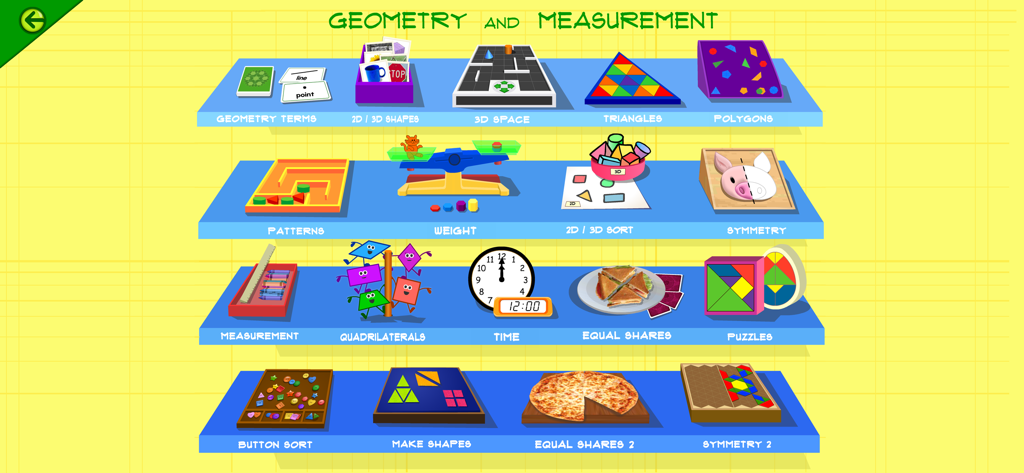 Starfall - Interfaz de la aplicación Starfall que muestra una variedad de juegos educativos de geometría y medición para niños