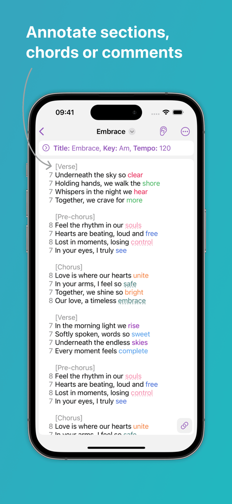 A smartphone screen showing the Lyrcs app with song lyric annotations and syllable counting features