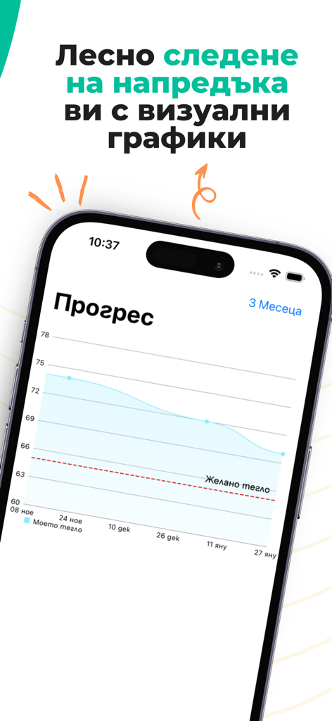 Calorie Counter & Meal Planner - Interfaz de aplicación móvil que muestra un gráfico de progreso de peso durante un período de tres meses