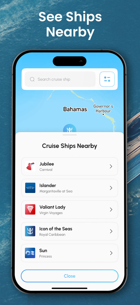 Cruisr - Cruise Ship Tracking - Pantalla de la aplicación móvil mostrando una lista de barcos de cruceros cercanos y sus ubicaciones en un mapa