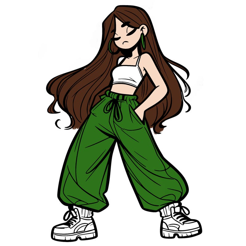 girl in baggy pants crop top and long hair