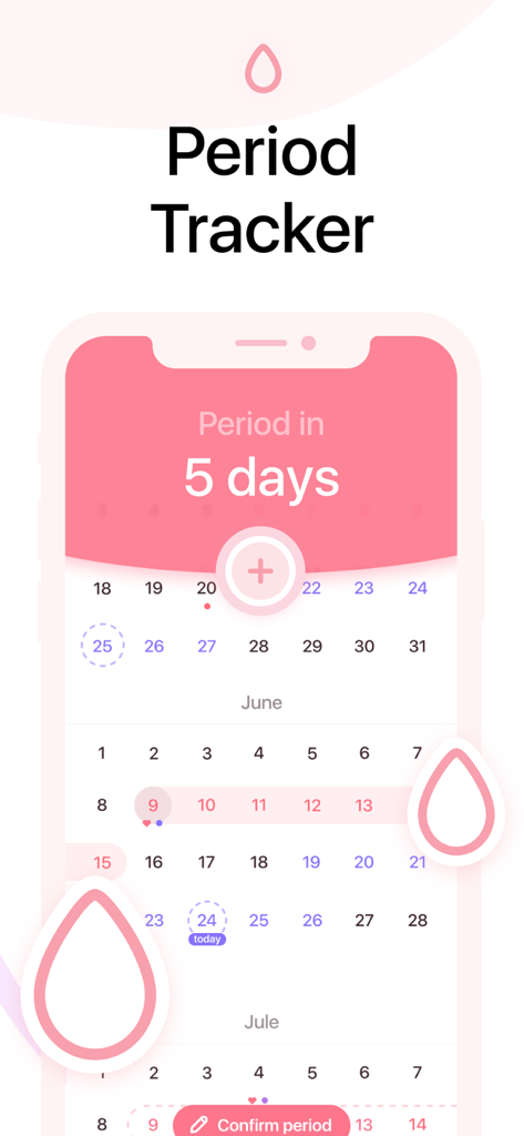 My Cycle ؜ - Interface of the My Cycle app showing a countdown until the next period and a menstrual tracking calendar.