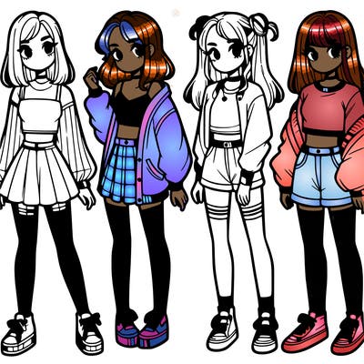 one girl with crop-top shirt and a jacket with a skirt, long socks and another girl with a shirt and pants with a jacket