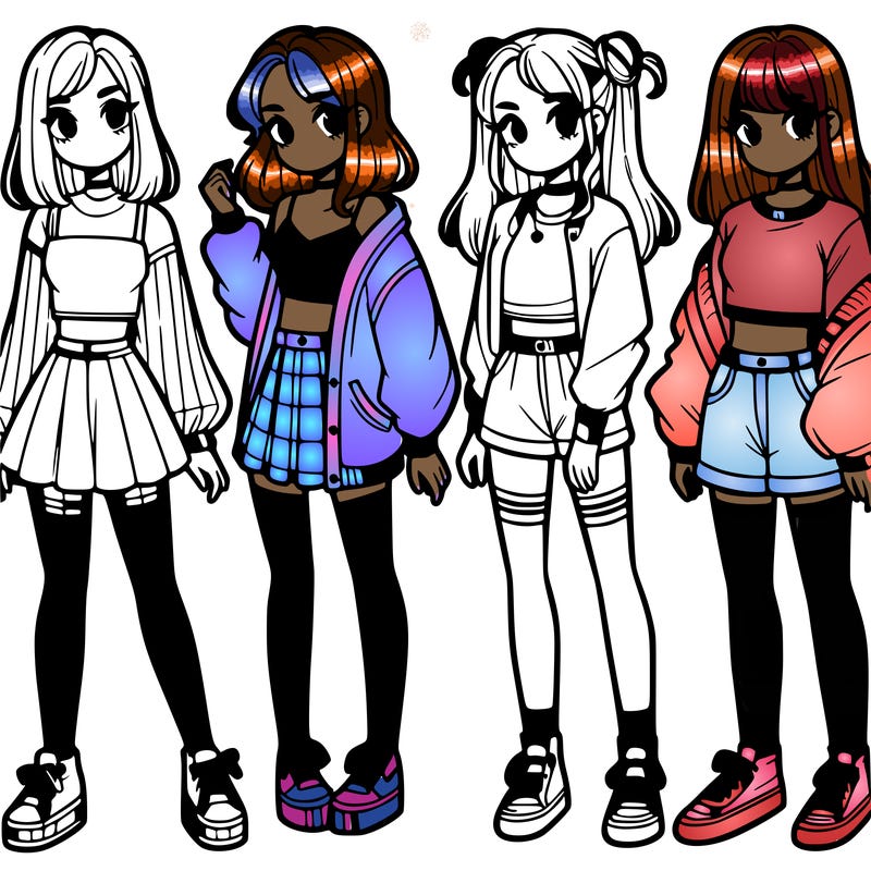 one girl with crop-top shirt and a jacket with a skirt, long socks and another girl with a shirt and pants with a jacket