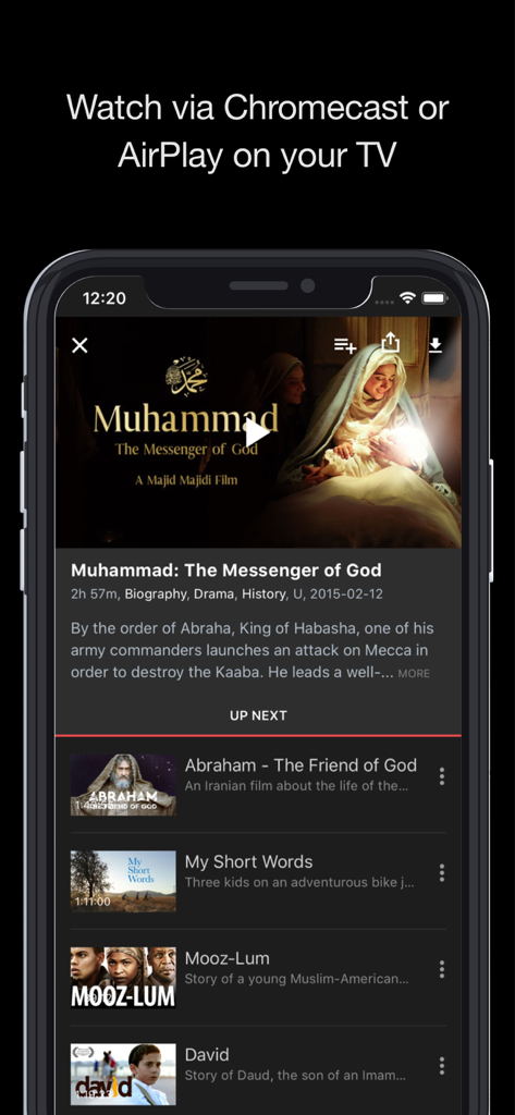 Alchemiya app interface displaying movie details and options to watch via Chromecast or AirPlay on TV