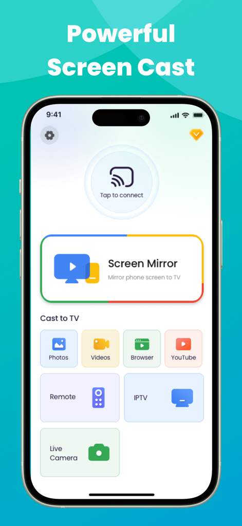 Miracast app interface on iPhone showing screen mirroring and casting options for photos, videos, and IPTV