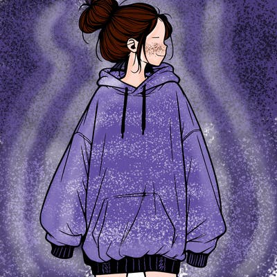 realistic girl with a oversized sweatshirt on and a bun