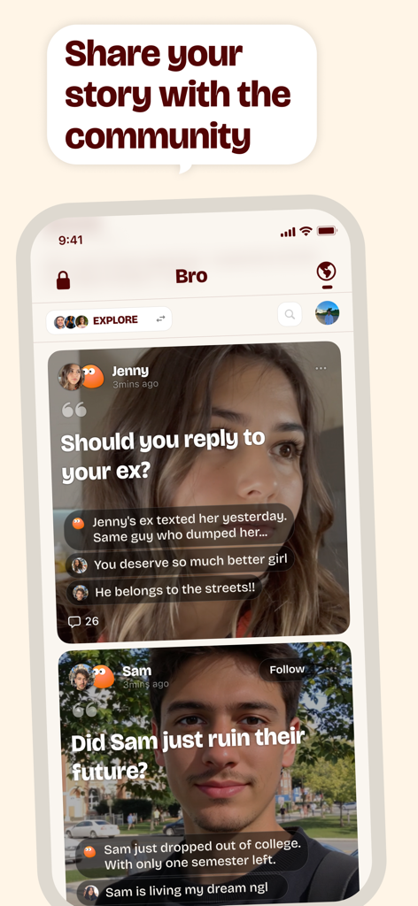 Bro - lockscreen buddy - A screenshot of the Bro app showing the community stories feed where users share life updates and questions for social interaction