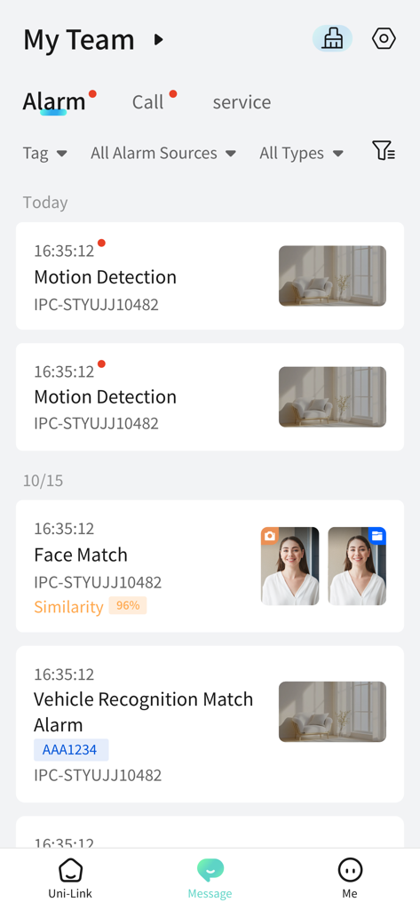 Uni-Link - Uni-Link app screen showing security alarm logs for motion detection face match and vehicle recognition