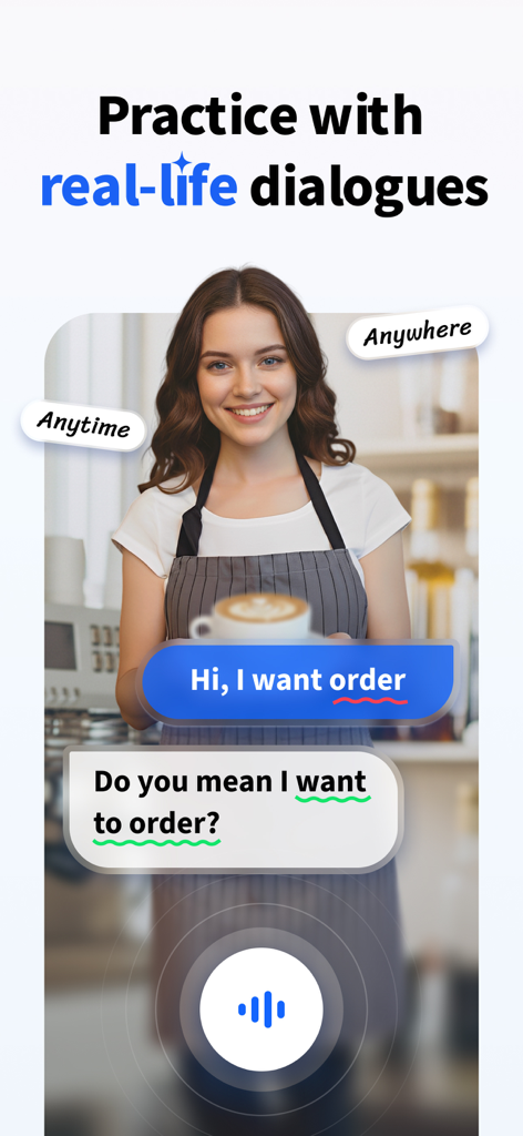 TalkMe App-Oberfläche, die einen KI-Tutor zeigt, der in Echtzeit Feedback zu einem englischen Gesprächsszenario gibt