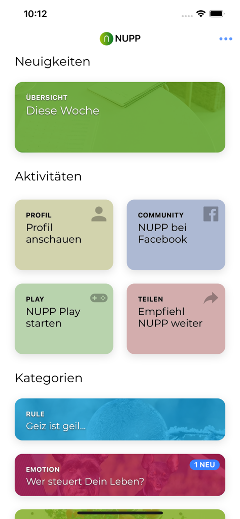 NUPP - NUPP app dashboard showing news activities and health categories in a minimalist colorful interface